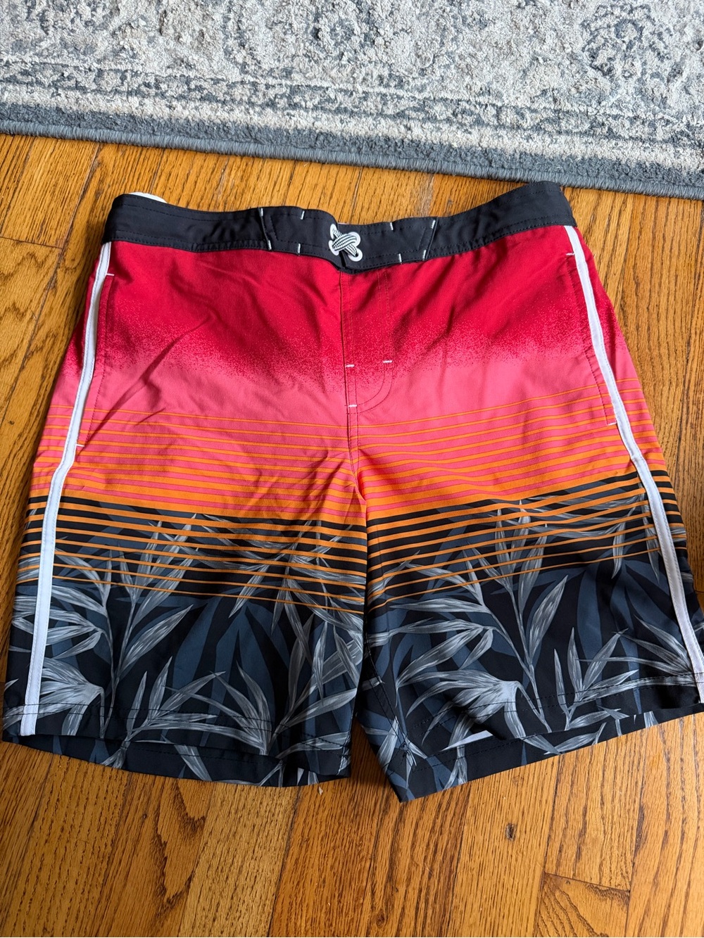 wonder nation Red & Orange Gradient Swim Board Shorts with Black Leaf Print